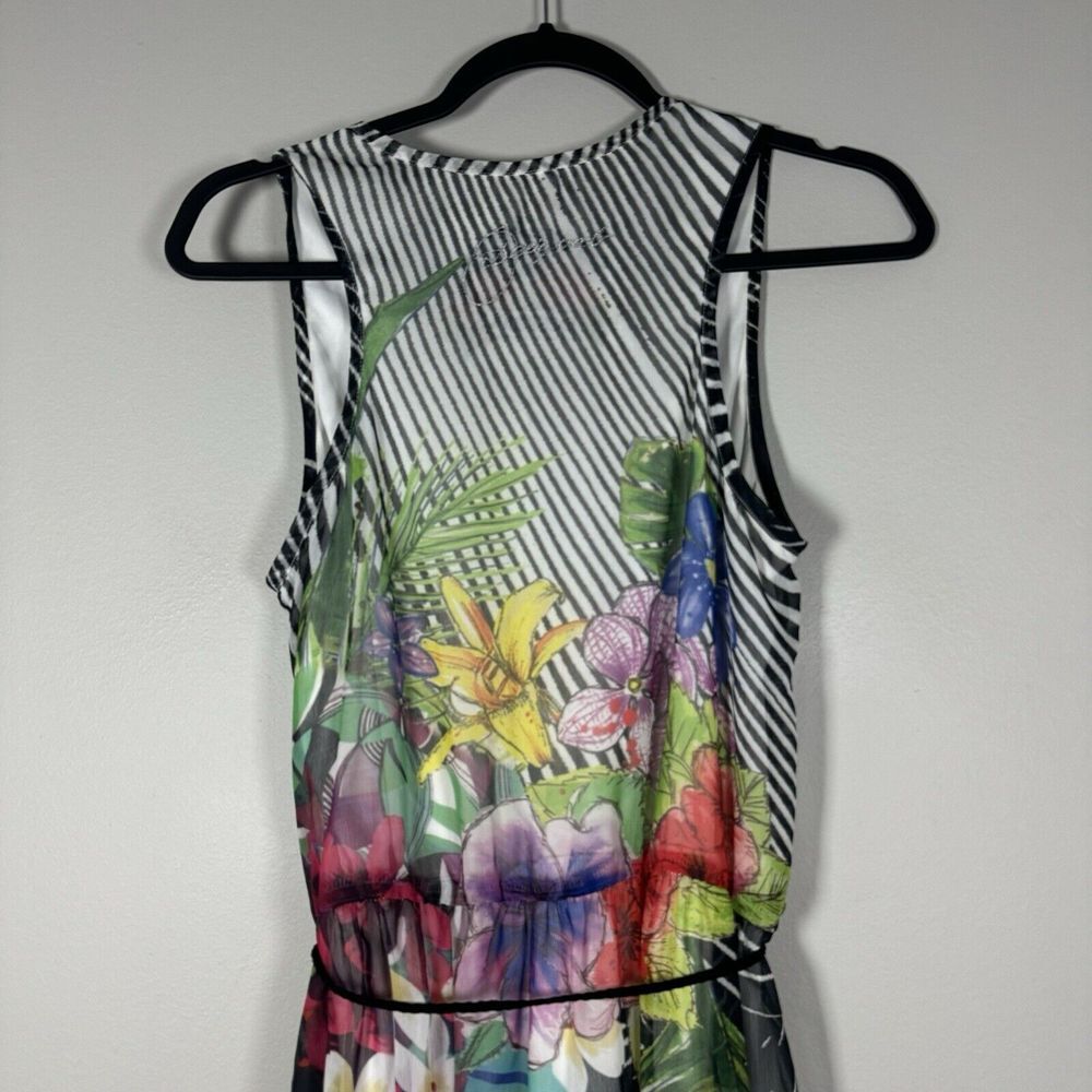 Desigual Size 40 Black White Floral Gusti Sleeveless Belted Knee Length Dress - Picture 5 of 10